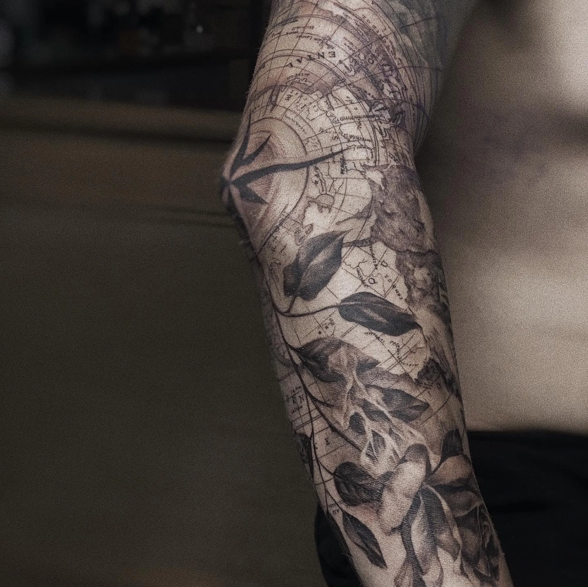 Cartographer — Black & grey, fine-line tattoo, Full sleeve, by Yiwu Duan, Toronto