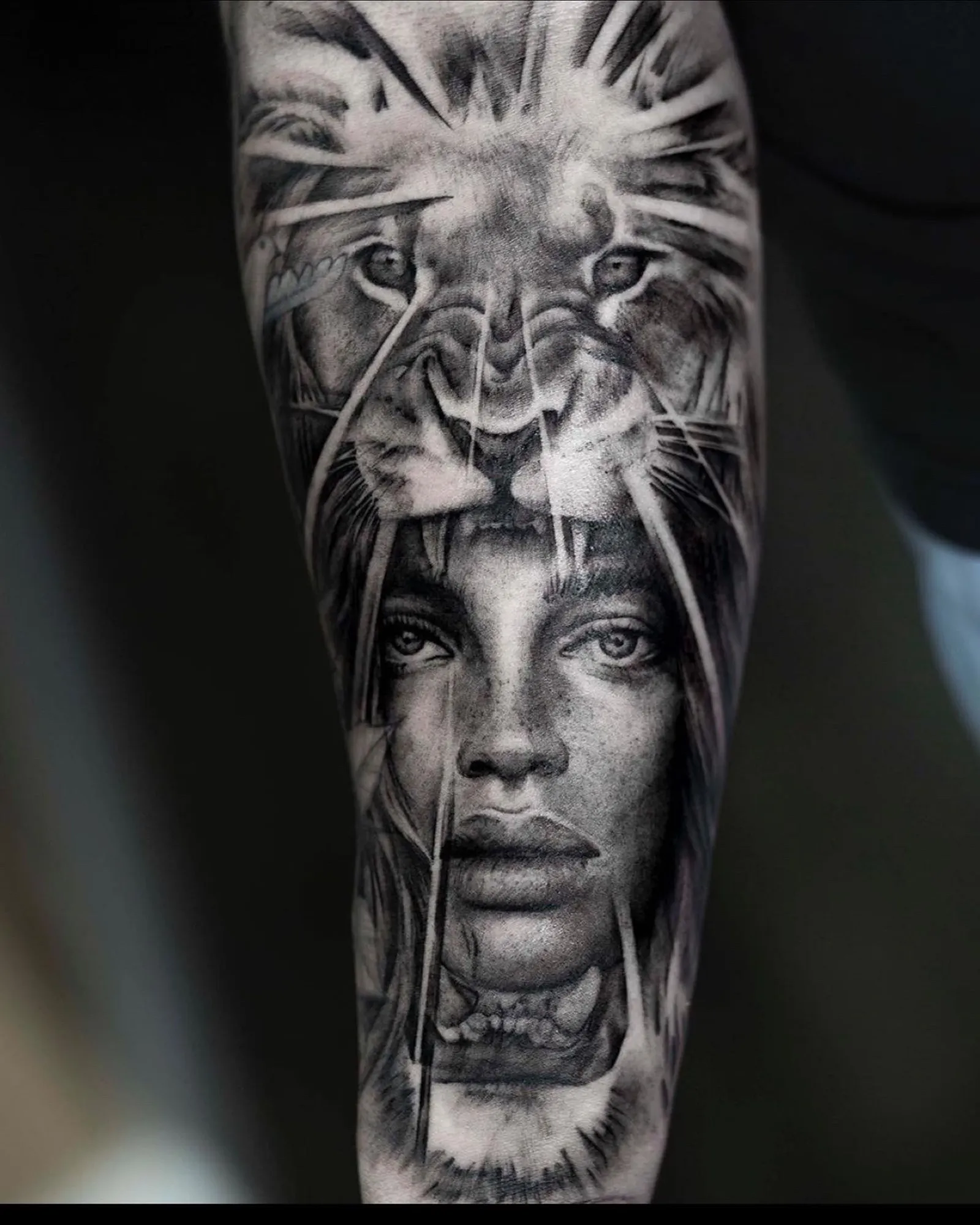 Lion & Muse — Black & grey realism tattoo, Forearm, by Yiwu Duan, Toronto