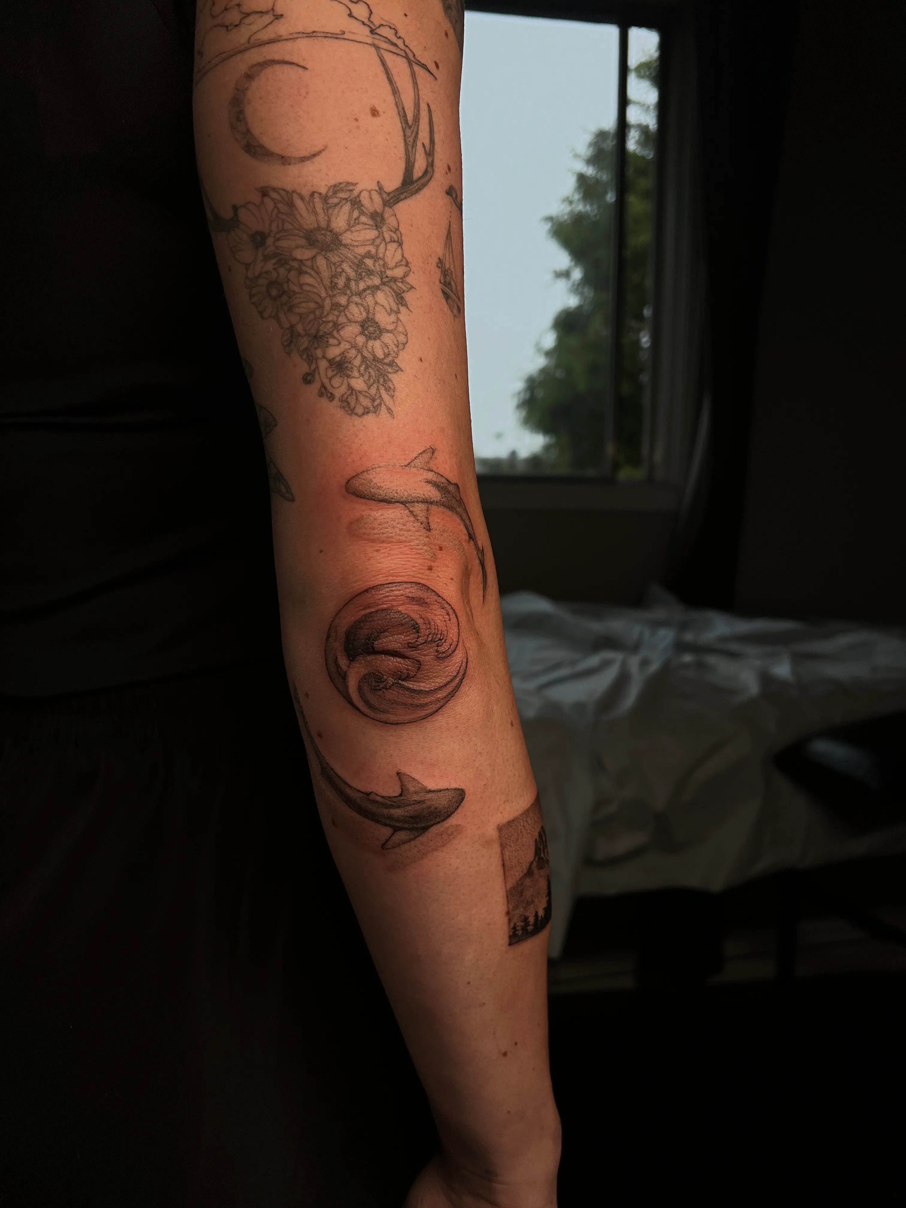 Ocean & Mountains — Fine-line, black & grey tattoo, Forearm, by Yiwu Duan, Toronto