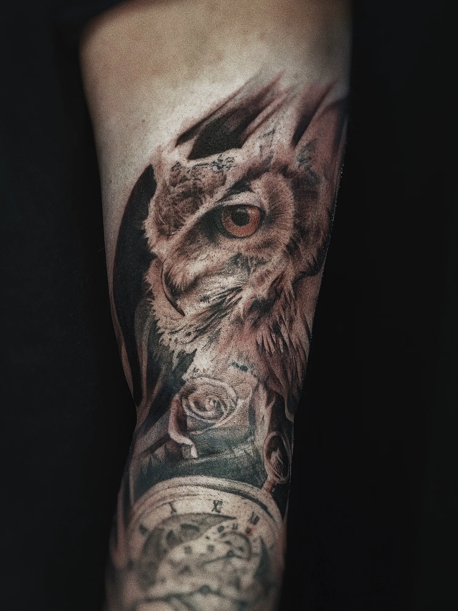 Owl & Pocket Watch — Black & grey realism tattoo, Forearm, by Yiwu Duan, Toronto