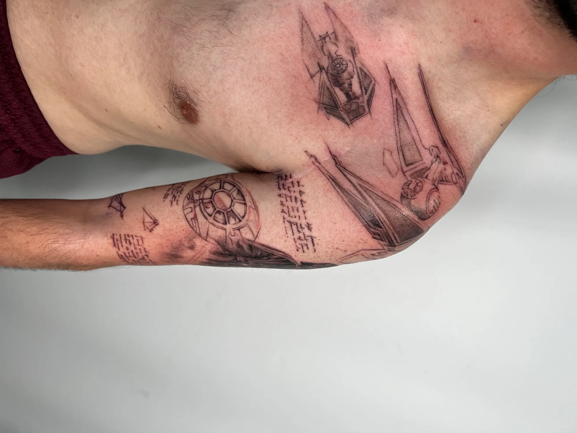 Squadron — Fine-line, sketch style tattoo, Chest & shoulder, by Yiwu Duan, Toronto