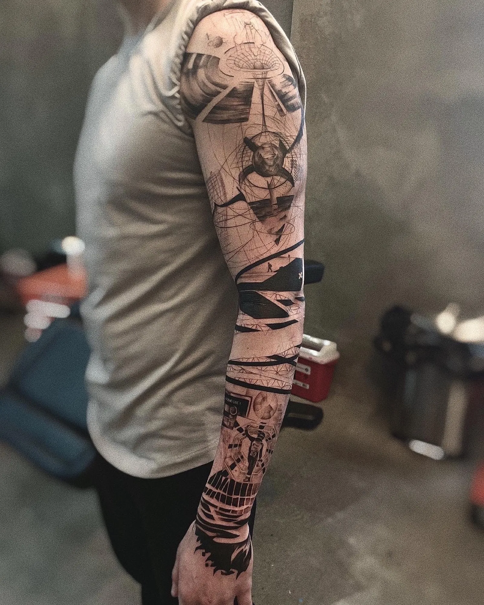 Galaxy Sleeve — Black & grey, fine-line detail tattoo, Full sleeve, by Yiwu Duan, Toronto