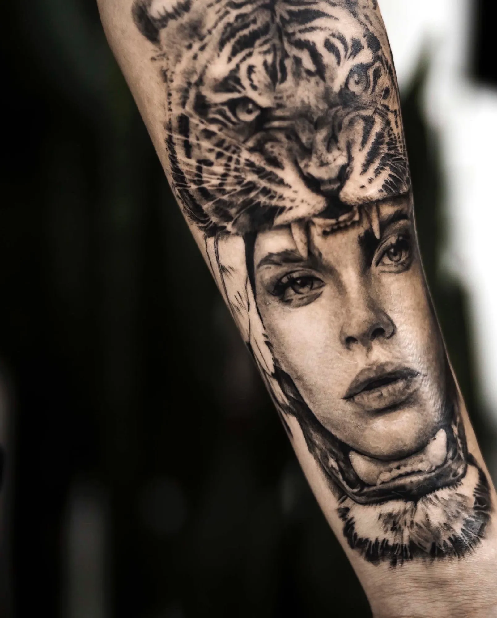 Tiger & Muse — Black & grey realism tattoo, Forearm, by Yiwu Duan, Toronto