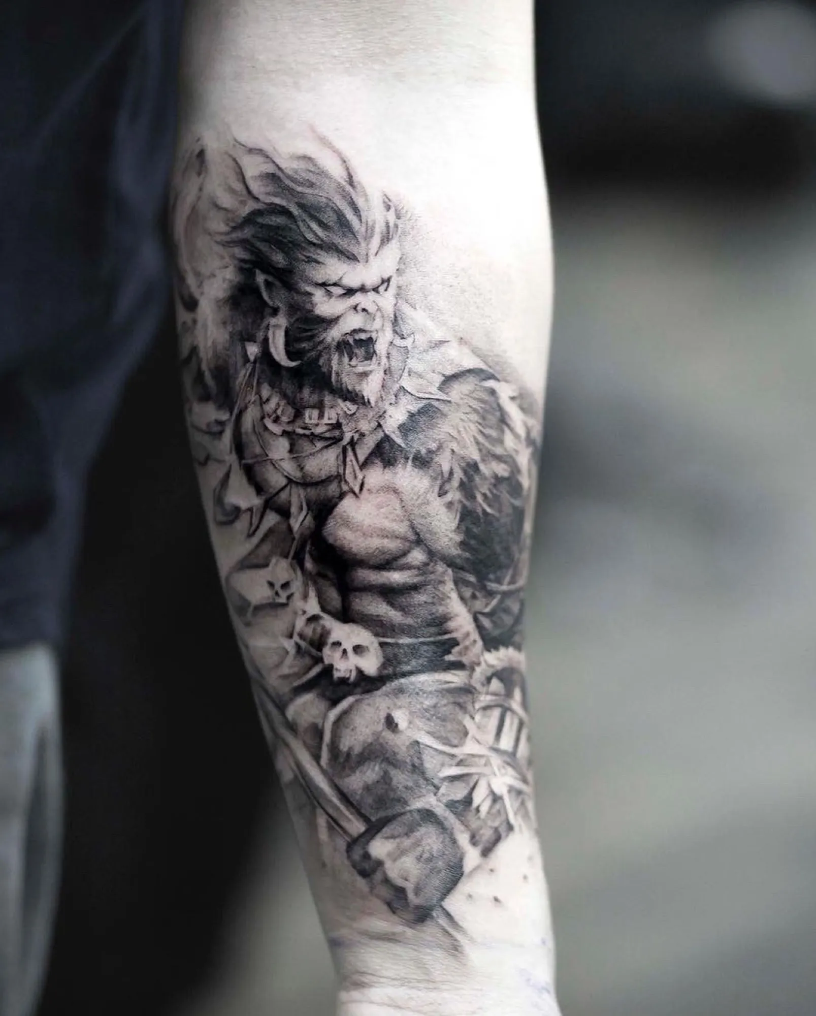Wukong — Black & grey realism tattoo, Forearm, by Yiwu Duan, Toronto